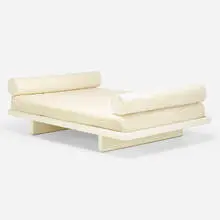 David Gill, Custom daybed, c. 1990, enameled and lacquered wood, chrome-plated stainless steel, upholstery
