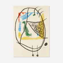 Joan Miró, Unique Composition IX (from Les Essències de la Terra portfolio), 1968, original mixed media with wax crayon over color lithograph on Japon nacré paper