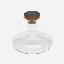 Rare decanter by Carl Auböck, c. 1950, glass, embossed leather with gilding, cork, mahogany, sold Oct 2021