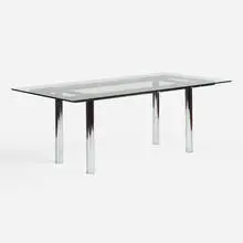 André dining table, model 11960 by Afra & Tobia Scarpa, 1969, chrome-plated steel, glass, sold Oct 2021