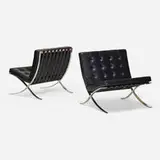 Barcelona chairs, pair by Ludwig Mies van der Rohe, 1929 / 1990, stainless steel, leather, sold Oct 2021