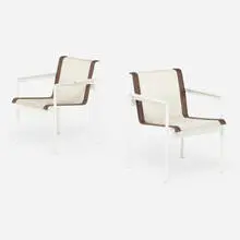 Leisure Collection chairs, pair by Richard Schultz, enameled aluminum, leather, nylon, sold Oct 2021