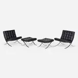 Barcelona chairs and ottomans, pair by Ludwig Mies van der Rohe, 1925 / 1986, stainless steel, leather, sold Oct 2021