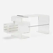 Michel Dumas, Desk, c. 1971, Lucite, chrome-plated and stainless steel, acrylic