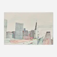 Chicago River Civic Center by Wesley Willis, 1988, ballpoint pen and felt marker on artboard, sold Oct 2021
