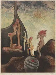 Roberto, Untitled, 1973 - an abstract landscape with female figures etching and aquatint