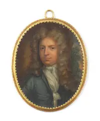 Untitled by Peter Cross, in a blue coat and white stock oil on copper 7.5 x 6cm, sold Dec 2021