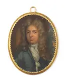 Peter Cross, Untitled, in a blue coat and white stock oil on copper 7.5 x 6cm