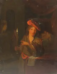 Godfried Schalcken, Untitled, a bedchamber behind oil on panel 25.5 x 19.5cm