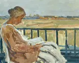 Max Clarenbach, Martha L. auf dem Balkon, lesend, 1925, Öl auf Karton