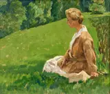 Max Clarenbach, Martha L. im Park sitzend, 1927, Öl auf Karton