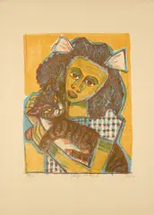 Otto Dix, Mädchen mit Katze II (Kopf schräg), 1956, Farblithografie auf VAN GELDER ZONEN Maschinenbütten (Wasserzeichen)