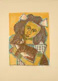 Otto Dix, Mädchen mit Katze II (Kopf schräg), 1956, Farblithografie auf VAN GELDER ZONEN Maschinenbütten (Wasserzeichen)