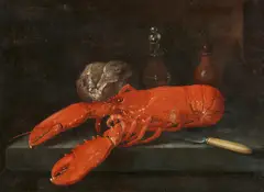 George William Sartorius, Stillleben mit Hummer, Brot, Messer und Fläschchen auf einer Steinplatte, Öl auf Leinwand