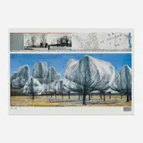 Christo, Wrapped Trees, 1998, offset lithograph in colors, fabric swatch
