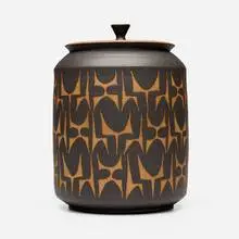 Clyde Burt, Basketball covered jar, c. 1960, glazed stoneware with wax resist decoration