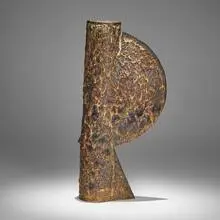 R (Vertical half-disk on cylinder) by Otto Natzler, 1981, earthenware with Pale Green and Black Crater glaze and drips, sold Feb 2025