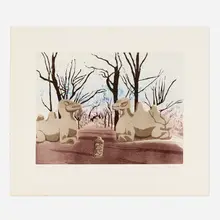 Patrick Procktor, Camels, Tomb of the first Emperor of the Ming Dynasty, Zhu Yuan Shang, Nanking (from the China series), 1980, aquatint with sugarlift in colors
