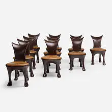 Jordan Mozer, Hoodie dining chairs from Américas, River Oaks, Houston, set of ten, c. 2010, molded and lacquered fiberglass, leather