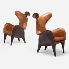 Jordan Mozer, Frankie lounge chairs from Américas, River Oaks, Houston, pair, fiberglass, leather