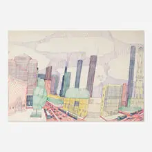 Night Time (N. Michigan Ave.) by Wesley Willis, 1988, pen and felt marker on artboard, sold Oct 2021