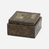 Lidded box by Paul Evans, c. 1965, welded and patinated copper and brass, aluminum, enameled steel, sold Oct 2021