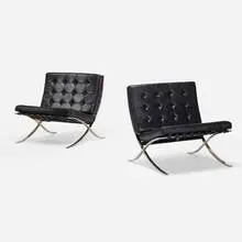Barcelona chairs, pair by Ludwig Mies van der Rohe, stainless steel, leather, sold Oct 2021