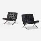 Barcelona chairs, pair by Ludwig Mies van der Rohe, stainless steel, leather, sold Oct 2021