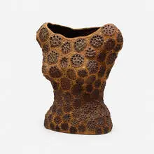 Figuratively Speaking by Jan Hopkins, 2000, lotus pod tops, grapefruit peels, waxed linen, paper, sold Oct 2021
