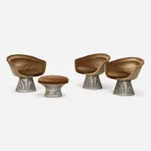 Warren Platner, Armchairs, set of three with ottoman, 1966, chrome-plated steel, mohair upholstery
