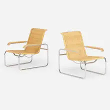 Lounge chairs model B35, pair by Marcel Breuer, birch, cane, chrome-plated steel, sold Oct 2021