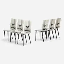 Barnaba Fornasetti, Bocca chairs, set of six, 2015, hand-painted and lithographic transfer-printed wood, lacquered wood