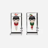 Javier Calleja, Little Maurizio Xmas Edition set (Red Santa Claus and Green Xmas Elf), 2020, painted cast vinyl, stainless steel, glass