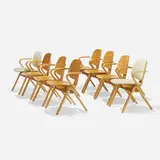 Joe Atkinson, Dining chairs, set of eight, c. 1955, beech, aluminum