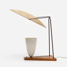 Mitchell Bobrick, Control table lamp, c. 1949, birch, glazed ceramic, fiberglass, steel