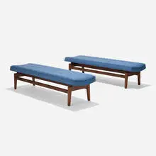 Jens Risom, Benches model T621, pair, c. 1955, walnut, upholstery