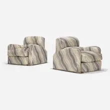 Jay Spectre, Steamer lounge chairs, pair, c. 1980, upholstery, stainless steel