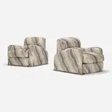 Jay Spectre, Steamer lounge chairs, pair, c. 1980, upholstery, stainless steel