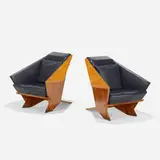 Taliesin 1 chairs, pair by Frank Lloyd Wright, maple, leather, brass, sold Sep 2021