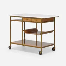 Irwin Collection serving cart, model C9203 by Paul McCobb, 1952, mahogany, brass, milk glass, casters, sold Sep 2021