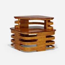 Corner table, model 1032 by Paul Theodore Frankl, c. 1938, rattan, mahogany, sold Sep 2021