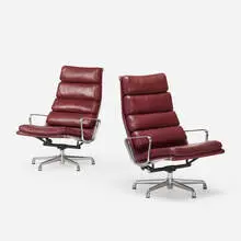 Soft Pad lounge chairs, pair by Charles and Ray Eames, aluminum, leather, sold Sep 2021