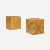 Occasional tables, pair by Milo Baughman, c. 1970, maple burl veneer, sold Sep 2021