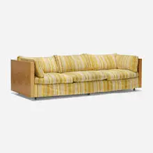Milo Baughman, Sofa, c. 1970, maple burl veneer, upholstery