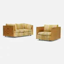 Settee and lounge chair by Milo Baughman, c. 1970, maple burl veneer, upholstery, sold Sep 2021