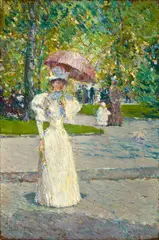 Childe Hassam, Woman with a Parasol in a Park, oil on cradled panel
