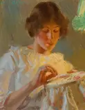 Edward Dufner, By Lamplight, oil on paper laid to board