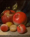Peter Baumgras, Apples and plums, oil on canvas