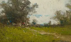 Milne Ramsey, Meadow path; Ships at harbor; Thatched cottages; Summer landscape (4), first oil on panel, second oil on canvas, third oil on panel, fourth oil on panel