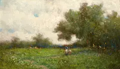 Milne Ramsey, Cloud shadows; In the meadow; Meadow flowers; Landscape with figures (4), first oil on panel, second oil on board, third oil on board, fourth oil on panel